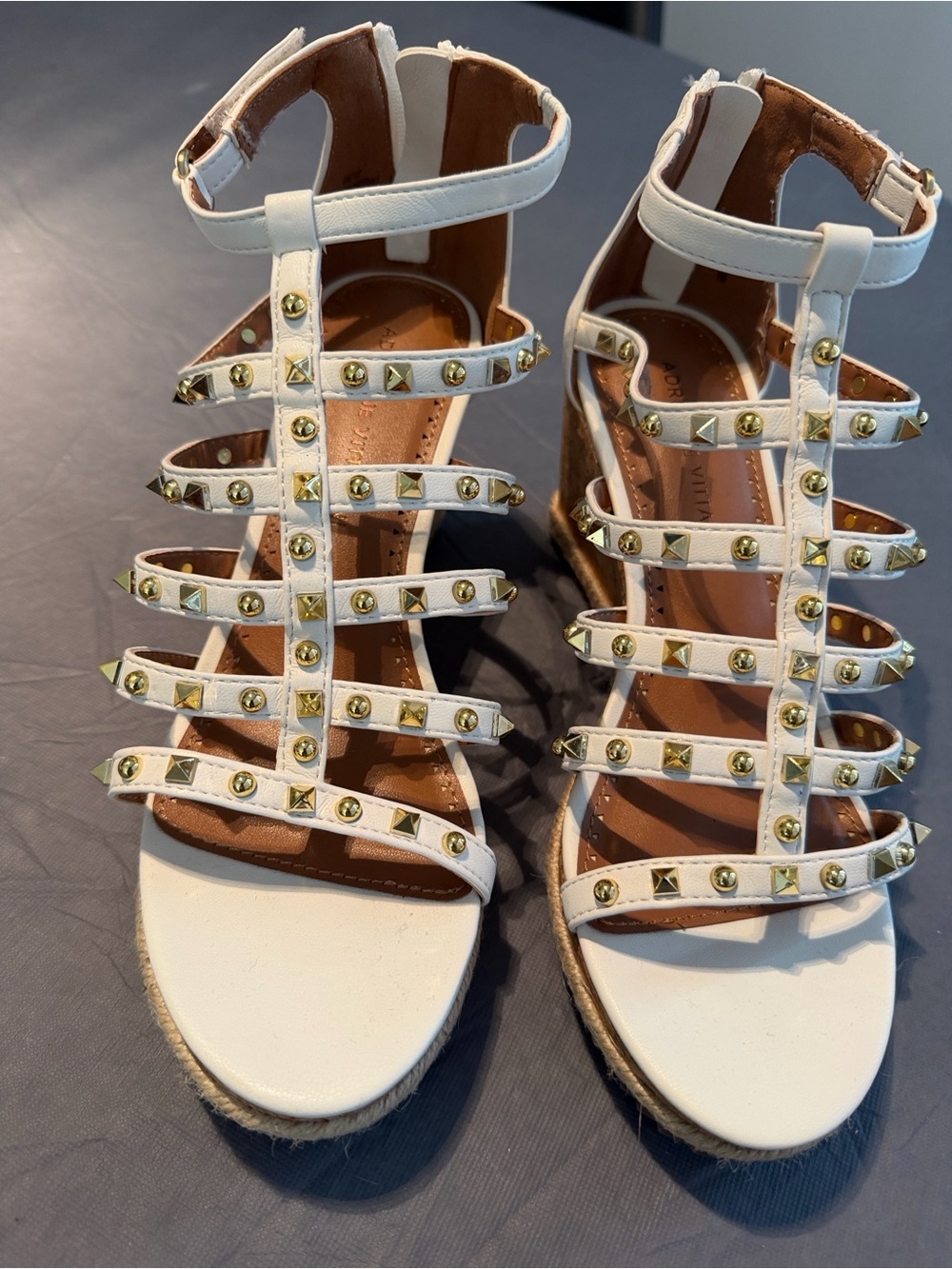Adrienne Vittadini White Multi-Strap Studded Espadrille Wedges